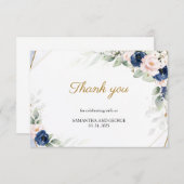 ネイビーおよび赤面フローラ金ゴールドジオメト結婚リ サンキューカード (正面/裏面)