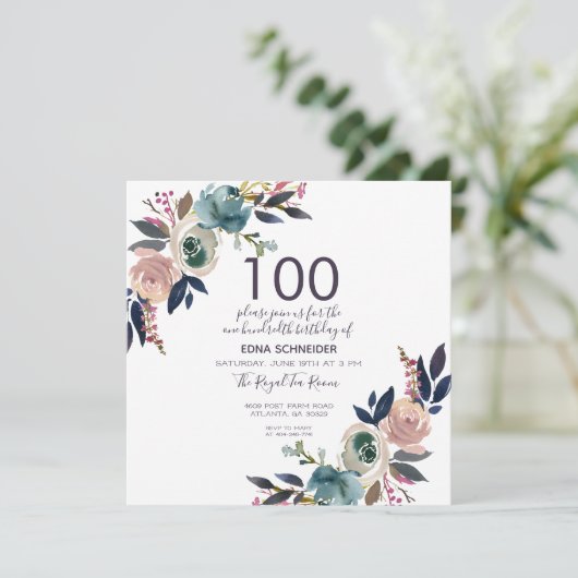 ネイビーおよび赤面ヴィンテージフローラ100誕生日 招待状 (スタンド正面)