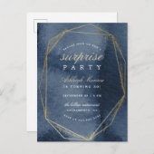 ネイビーおよび金ゴールドジオメトリフレームサプライズパーティー インビテーションポストカード (正面/裏面)