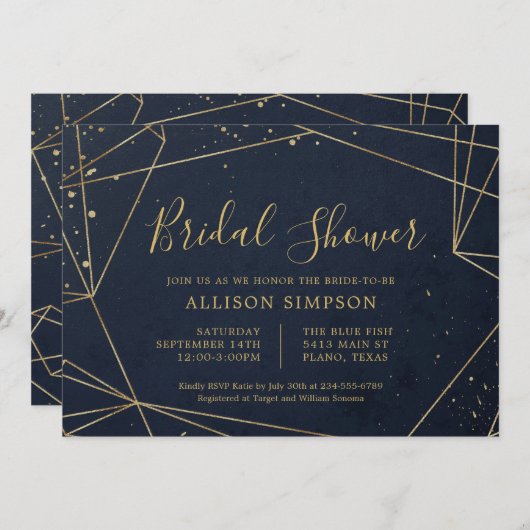 ネイビーおよび金ゴールド幾何学的エレガントブライダルシャワー 招待状 (正面/裏面)