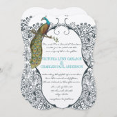 ネイビーお洒落ピーコック愛バードパタ結婚ーン 招待状 (正面/裏面)