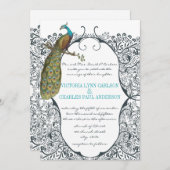 ネイビーお洒落ピーコック愛バードパタ結婚ーン 招待状 (正面/裏面)