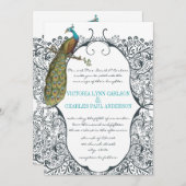 ネイビーお洒落ピーコック愛バードパタ結婚ーン 招待状 (正面/裏面)
