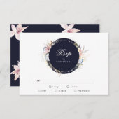 ネイビーお洒落リースボヘミアンウェディングRSVPカード 出欠カード (正面/裏面)