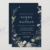 ネイビーお洒落ワイルドフラワー結婚ボタニーズ 招待状 (正面/裏面)