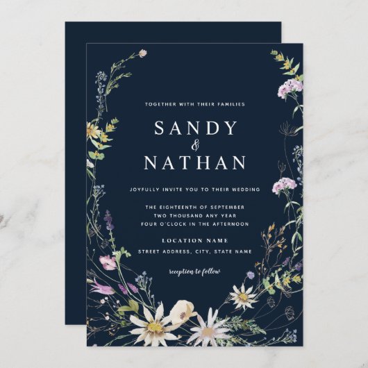 ネイビーお洒落ワイルドフラワー結婚ボタニーズ 招待状 (正面/裏面)