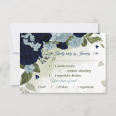 ネイビーかわいらしダスティブルーの花の緑の食事の選択 出欠カード (正面)