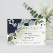 ネイビーかわいらしダスティブルーの花の緑の食事の選択 出欠カード (スタンド正面)