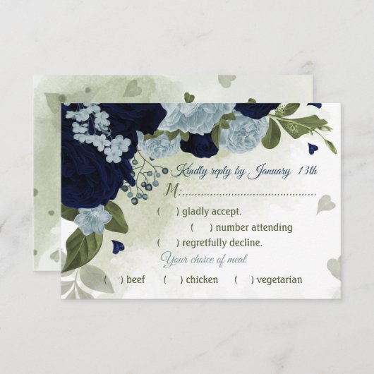 ネイビーかわいらしダスティブルーの花の緑の食事の選択 出欠カード (正面/裏面)