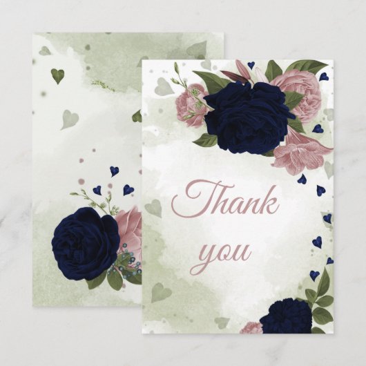 ネイビーかわいらしブルーとピンクの花 サンキューカード (正面/裏面)