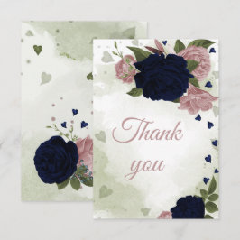 ネイビーかわいらしブルーとピンクの花 サンキューカード