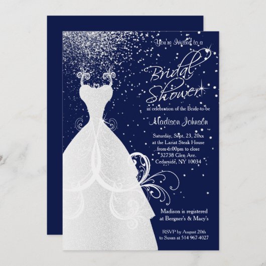 ネイビーかわいらしブルーのブライダルシャワー 招待状 (正面/裏面)