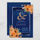 ネイビーかわいらしブルー招待状にオレンジ色の花 招待状 (正面/裏面)