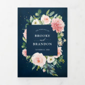 ネイビーかわいらし赤面ピンクフローラボ結婚タニカル 三つ折り案内状 (カバー)