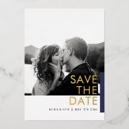 ネイビーきらめく日付フォイルカードを保存 箔招待状