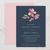 ネイビーさくらんぼブロッサムフローラブライダルシャワー招待状 サンキューカード (正面/裏面)
