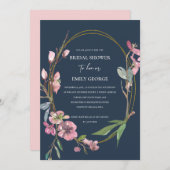 ネイビーさくらんぼブロッサムフローラブライダルシャワー招待状 サンキューカード (正面/裏面)