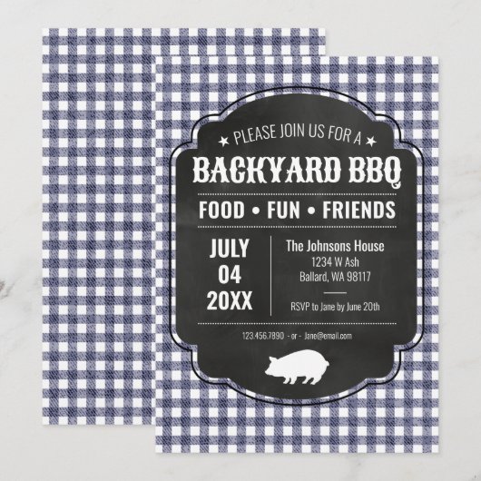 ネイビーでの裏庭BBQ 招待状 (正面/裏面)