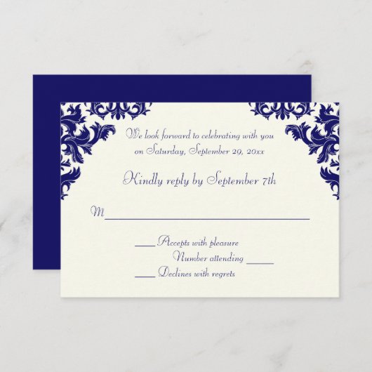 ネイビーとアイボリーのダマスク・RSVPカード 招待状 (正面/裏面)