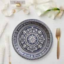 ネイビーとアイボリーの陶器風デザイン紙皿