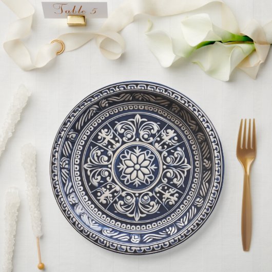 ネイビーとアイボリーの陶器風デザイン紙皿 ペーパープレート (ウェディング)
