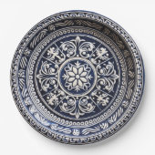 ネイビーとアイボリーの陶器風デザイン紙皿 ペーパープレート (正面)