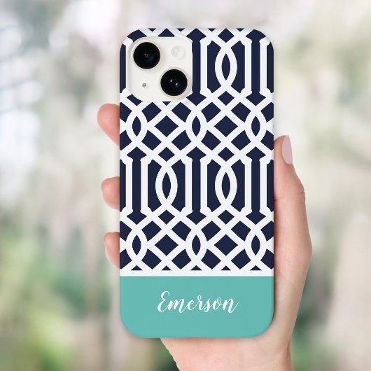 ネイビーとアクアのトレリス モノグラム Case-Mate iPhoneケース