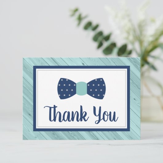 ネイビーとアクアの蝶ネクタイの感謝カードです。 サンキューカード (スタンド正面)