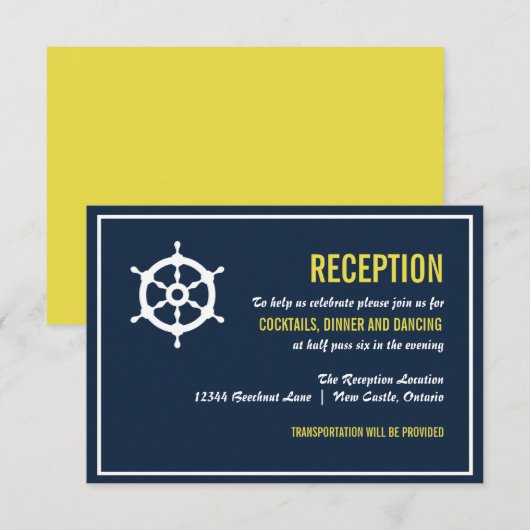 ネイビーとイエローの航海ウェディングレセプションカード エンクロージャーカード (正面/裏面)