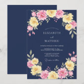 ネイビーとイエローの華やかなフラワーモチーフの結婚式 招待状 (正面/裏面)