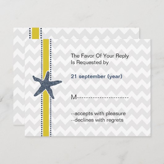 ネイビーとイエローヒトデのビーチ結婚式文具 出欠カード (正面/裏面)