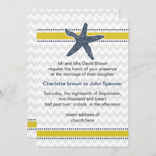 ネイビーとイエローヒトデのビーチ結婚式文具 招待状 (正面/裏面)