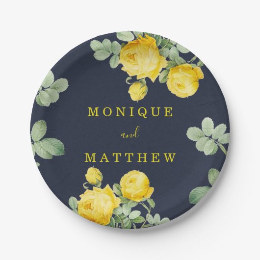 ネイビーとイエローローズロマンチック結婚ズ ペーパープレート (正面)