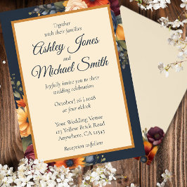 ネイビーとイエロー秋ワイルドフラー結婚ズ 招待状