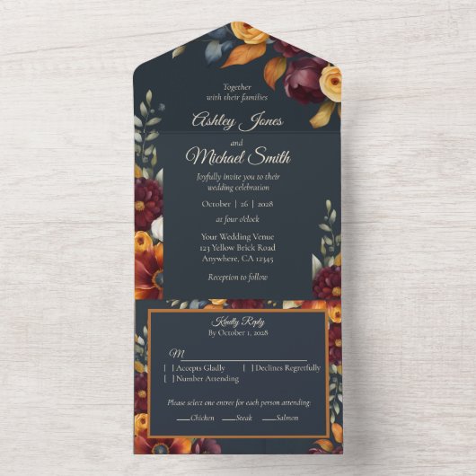 ネイビーとイエロー秋野花 オールインワン招待状 (内側)