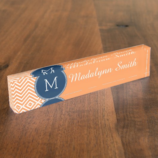 ネイビーとオレンジのシボカスタムロン デスクネームプレート (側面)