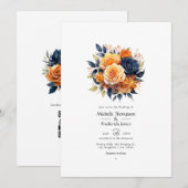 ネイビーとオレンジのフローラ結婚ズ 招待状 (正面/裏面)