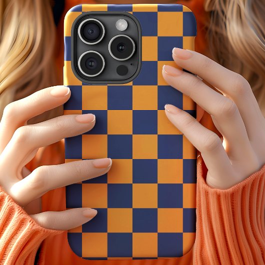 ネイビーとオレンジの市松模様 チェッカーパターン Case-Mate iPhoneケース