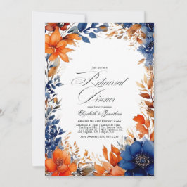 ネイビーとオレンジの水色のフローラリハーサルディナー 招待状