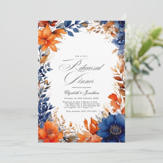 ネイビーとオレンジの水色のフローラリハーサルディナー 招待状 (スタンド正面)