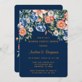 ネイビーとオレンジの牡丹結婚のカップルのシャワー 招待状 (正面/裏面)