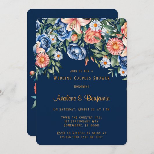 ネイビーとオレンジの牡丹結婚のカップルのシャワー 招待状 (正面/裏面)