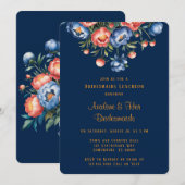 ネイビーとオレンジの芍薬の花をあしらったブライズメイドのランチ会 招待状 (正面/裏面)