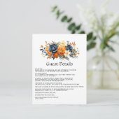 ネイビーとオレンジの花柄の結婚式ゲスト詳細 エンクロージャーカード (スタンド正面)