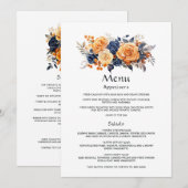 ネイビーとオレンジの花柄の結婚式ゲスト詳細 メニュー (正面/裏面)