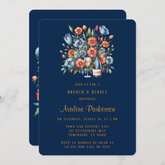 ネイビーとオレンジピーニーブランチ&バブリー 招待状 (正面/裏面)