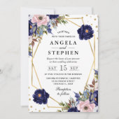 ネイビーとクリーム夏の花金ゴールド結婚枠 招待状 (正面)