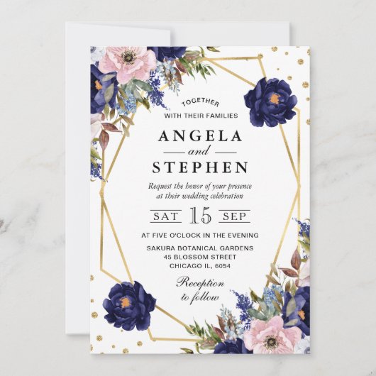 ネイビーとクリーム夏の花金ゴールド結婚枠 招待状 (正面)