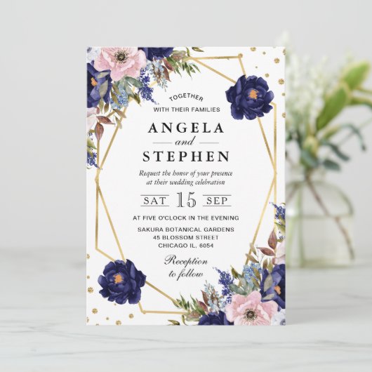 ネイビーとクリーム夏の花金ゴールド結婚枠 招待状 (スタンド正面)