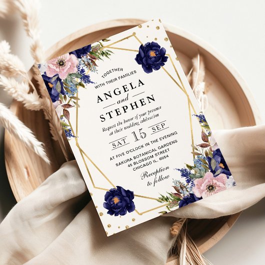 ネイビーとクリーム夏の花金ゴールド結婚枠 招待状